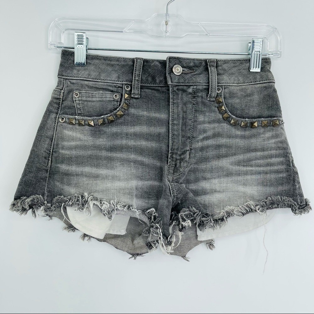 AE Vintage High Rise Festival Denim Shorts Womens 00 Charcoal‎ Wash Studded Cut